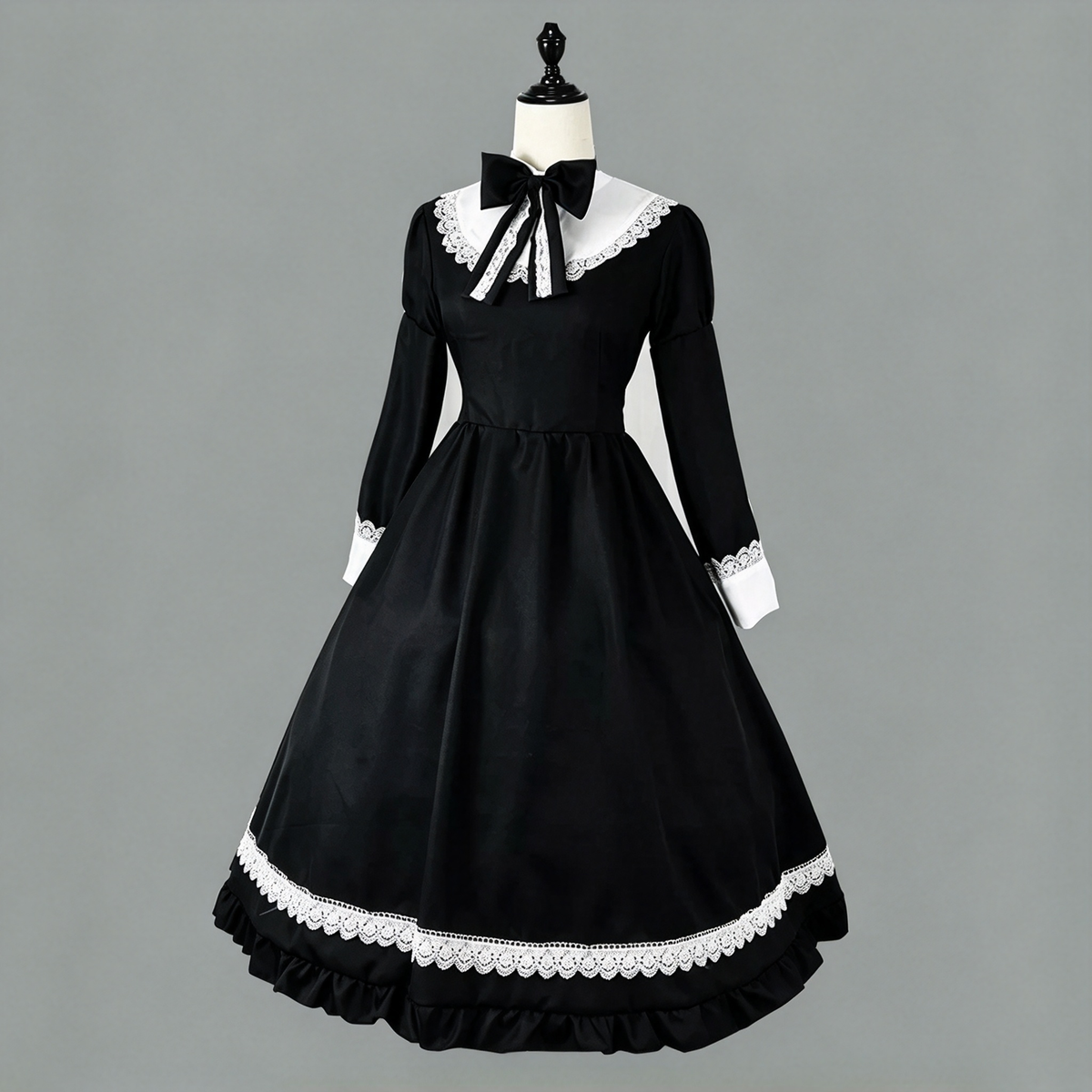 Classic Long Maid Lolita Long Sleeve OP Dress Set with Embroidered Bow and Tiered Lace Apron