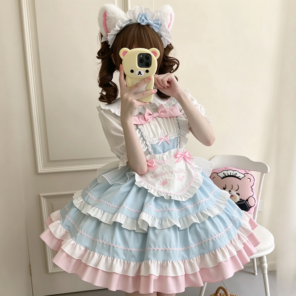 Pink and Blue Ruffled Maid Lolita Dress with Heart Apron Bow Accent
