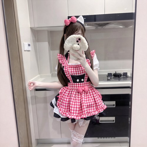 Black and Red Plaid Ruffled Maid Lolita Halter Dress with Apron Accent