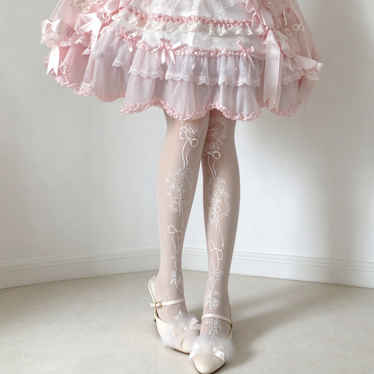 White Floral Rose and Ribbon Print Sheer Sweet Lolita Tights