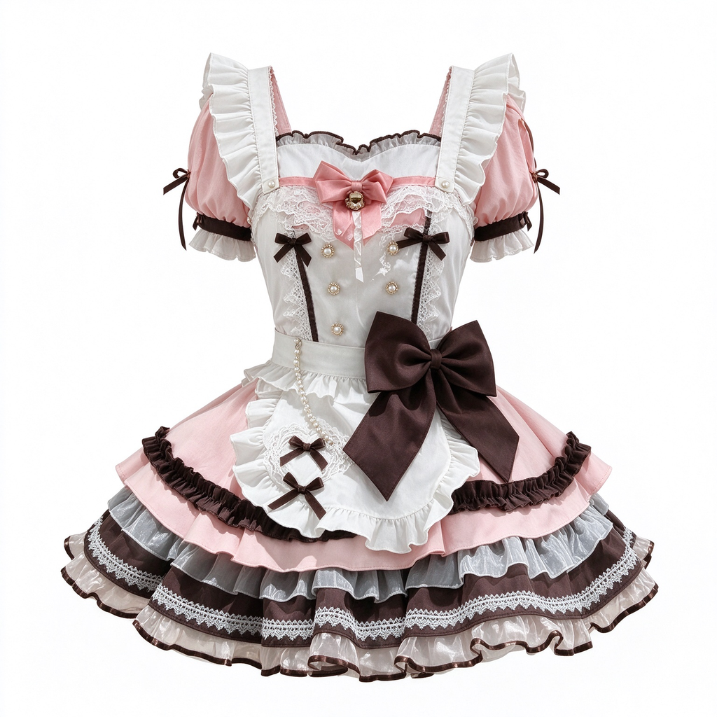 Sweet Maid Lolita Short Sleeve OP Dress Set with Pearl Buttons and Chocolate Ribbon Bow Apron