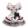 Sweet Maid Lolita Short Sleeve OP Dress Set with Pearl Buttons and Chocolate Ribbon Bow Apron