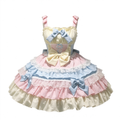 Pastel Pink and Blue Ruffled Lolita Dress with Train Bow Accent