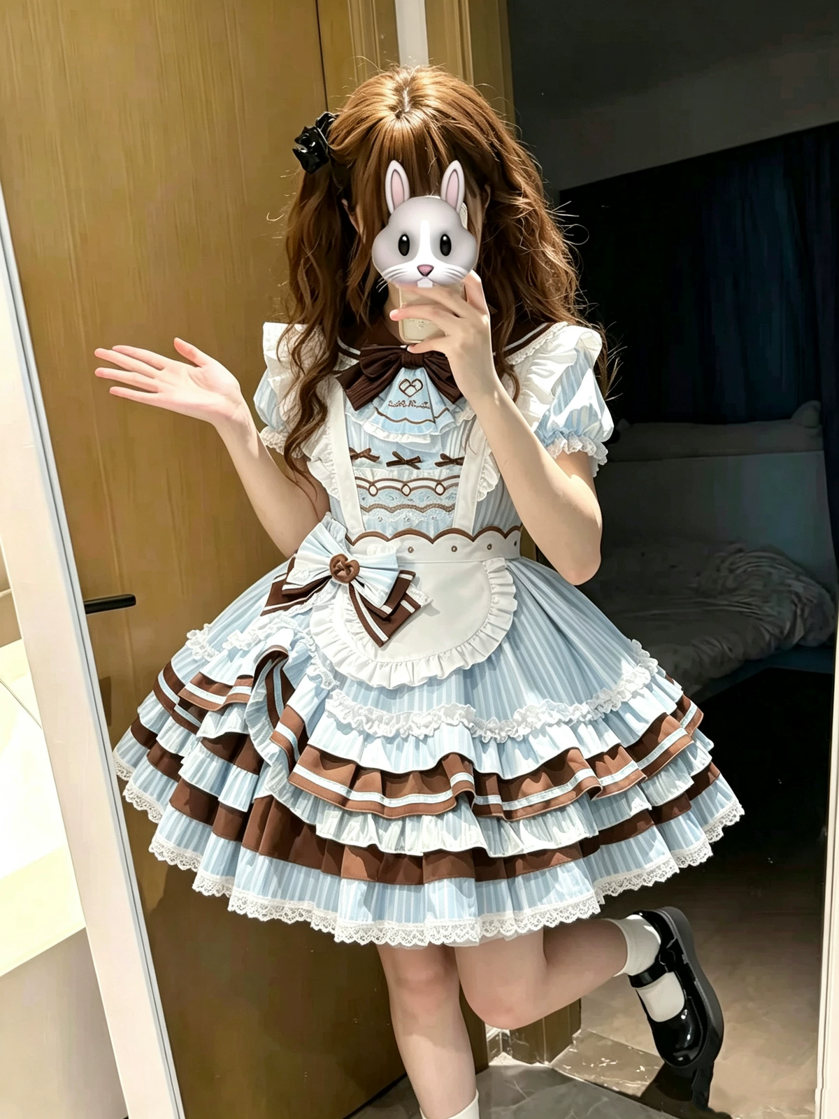 Sweet Maid Lolita Short Sleeve OP Dress Set with Striped Pattern and Scalloped Chocolate Apron