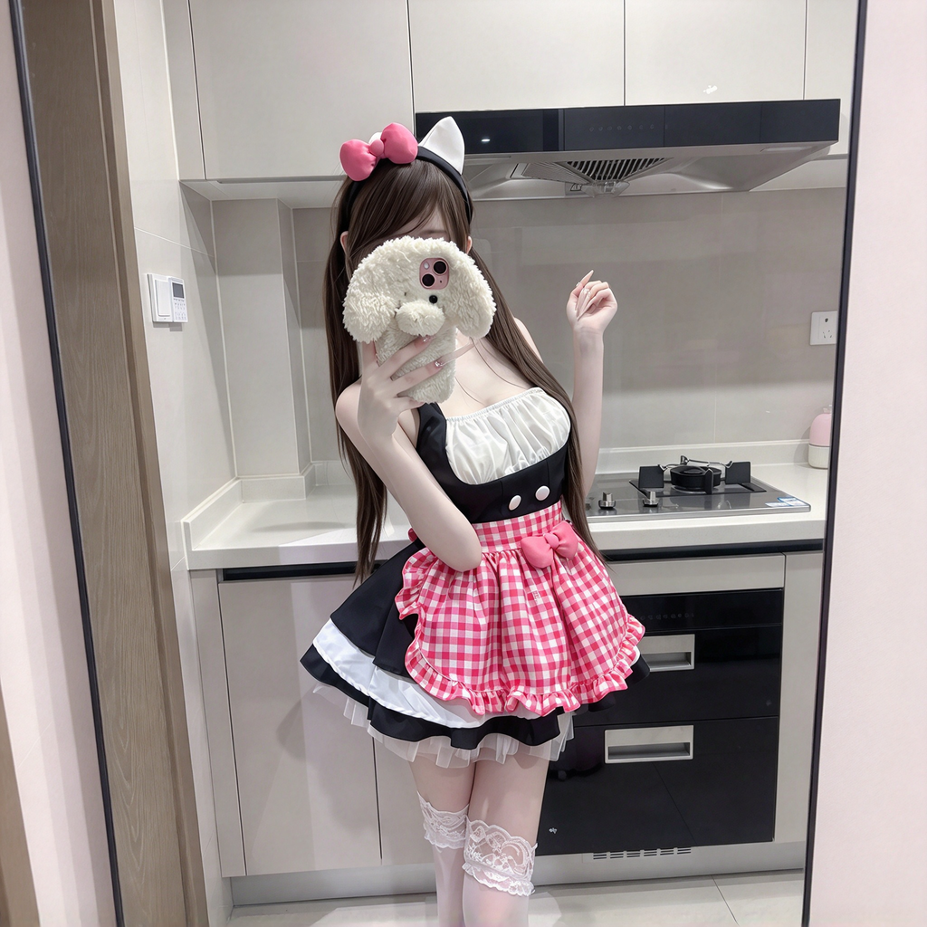 Black and Red Plaid Ruffled Maid Lolita Halter Dress with Apron Accent