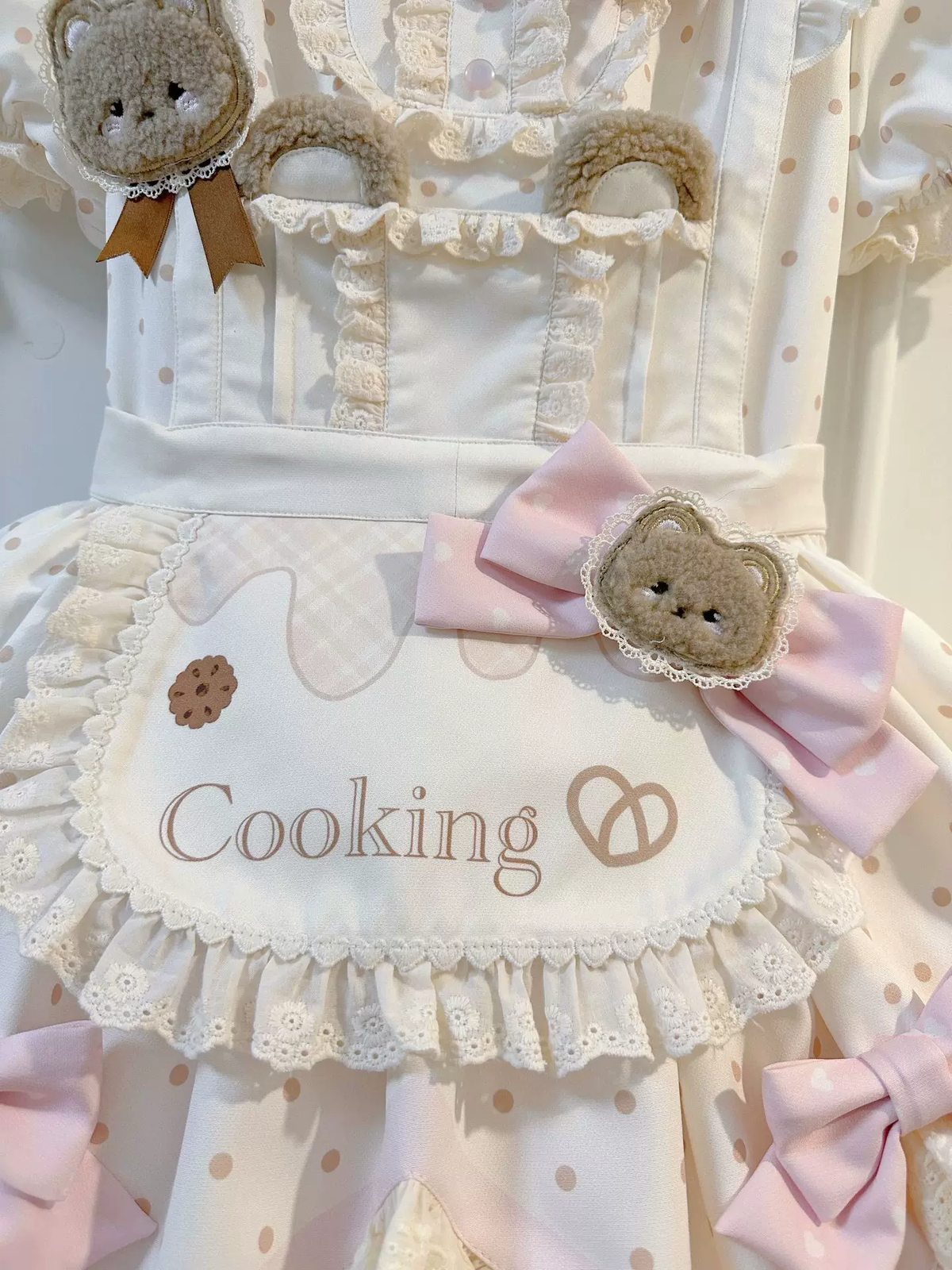 Sweet Maid Lolita Short Sleeve OP Dress Set with Polka Dot Pattern and Cooking Bear Apron