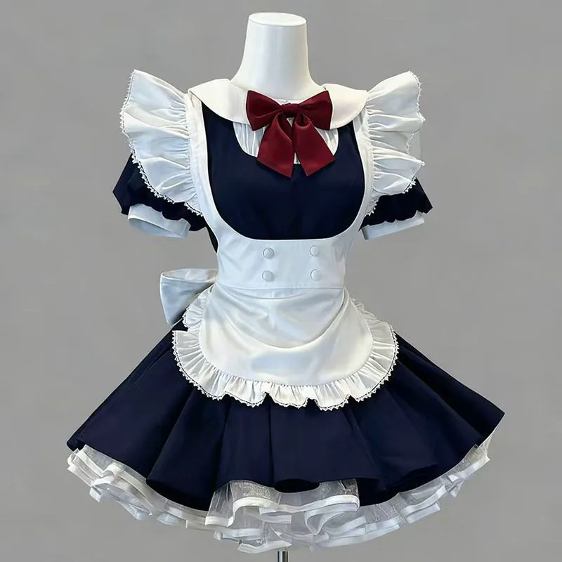 Navy Blue and White Lace Maid Lolita Jumper Dress with Red Bow