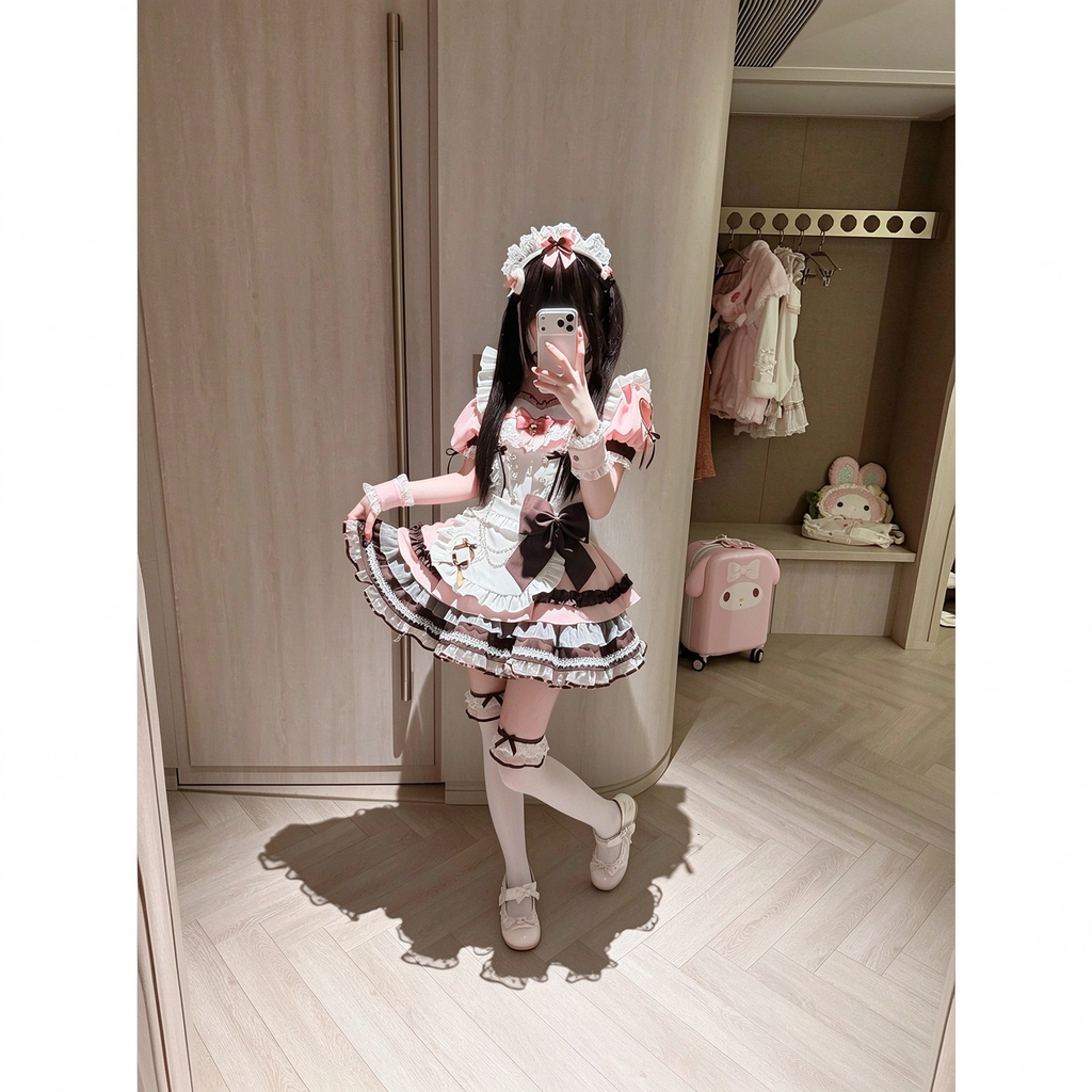 Sweet Maid Lolita Short Sleeve OP Dress Set with Pearl Buttons and Chocolate Ribbon Bow Apron