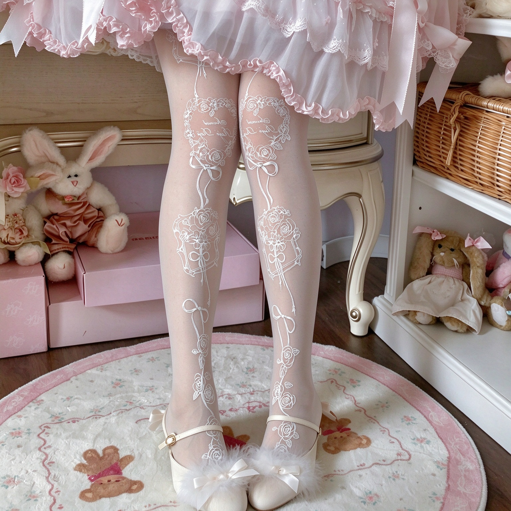 White Floral Rose and Ribbon Print Sheer Sweet Lolita Tights