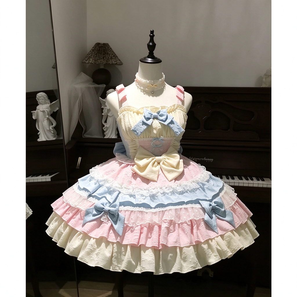 Pastel Pink and Blue Ruffled Lolita Dress with Train Bow Accent