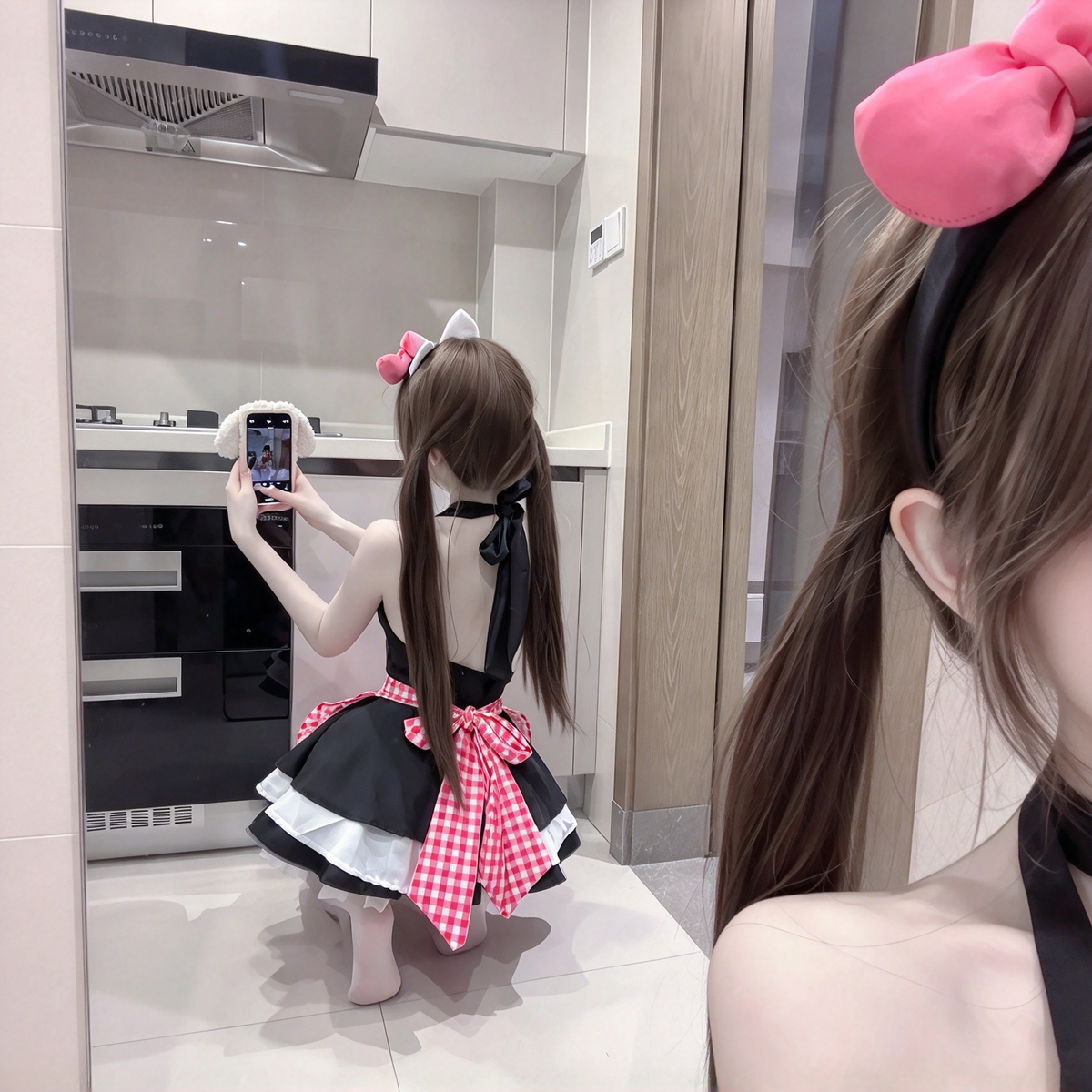 Black and Red Plaid Ruffled Maid Lolita Halter Dress with Apron Accent