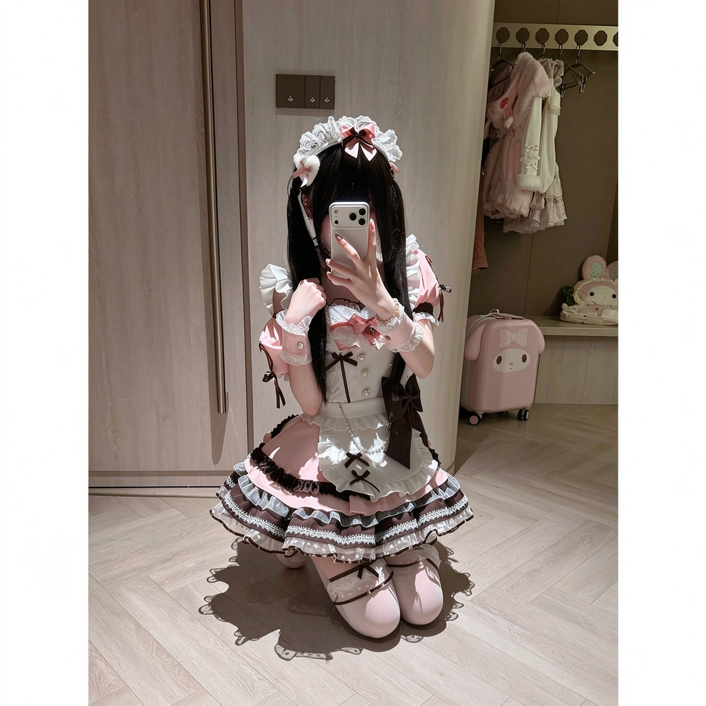 Sweet Maid Lolita Short Sleeve OP Dress Set with Pearl Buttons and Chocolate Ribbon Bow Apron