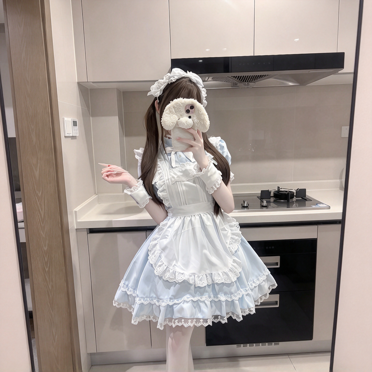 Sweet Maid Lolita Short Sleeve OP Dress Set with Stand Collar Bow Accent and Lace Trim Apron
