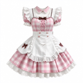 Sweet Maid Lolita Short Sleeve OP Dress Set with Pink Gingham Check Pattern and Eyelet Lace Hem