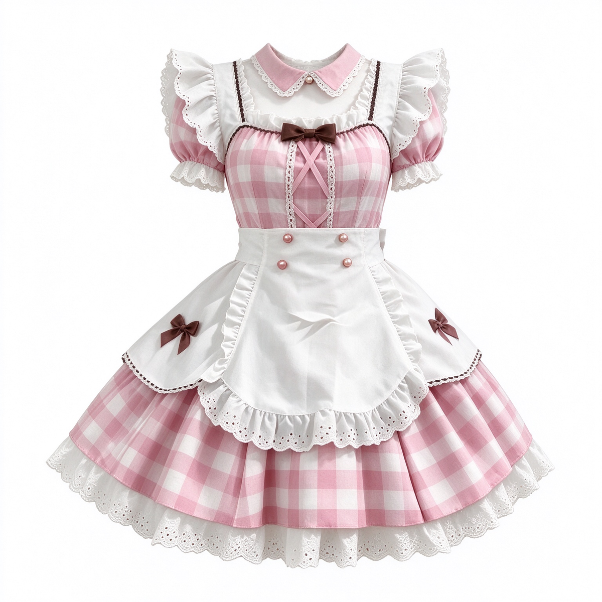 Sweet Maid Lolita Short Sleeve OP Dress Set with Pink Gingham Check Pattern and Eyelet Lace Hem