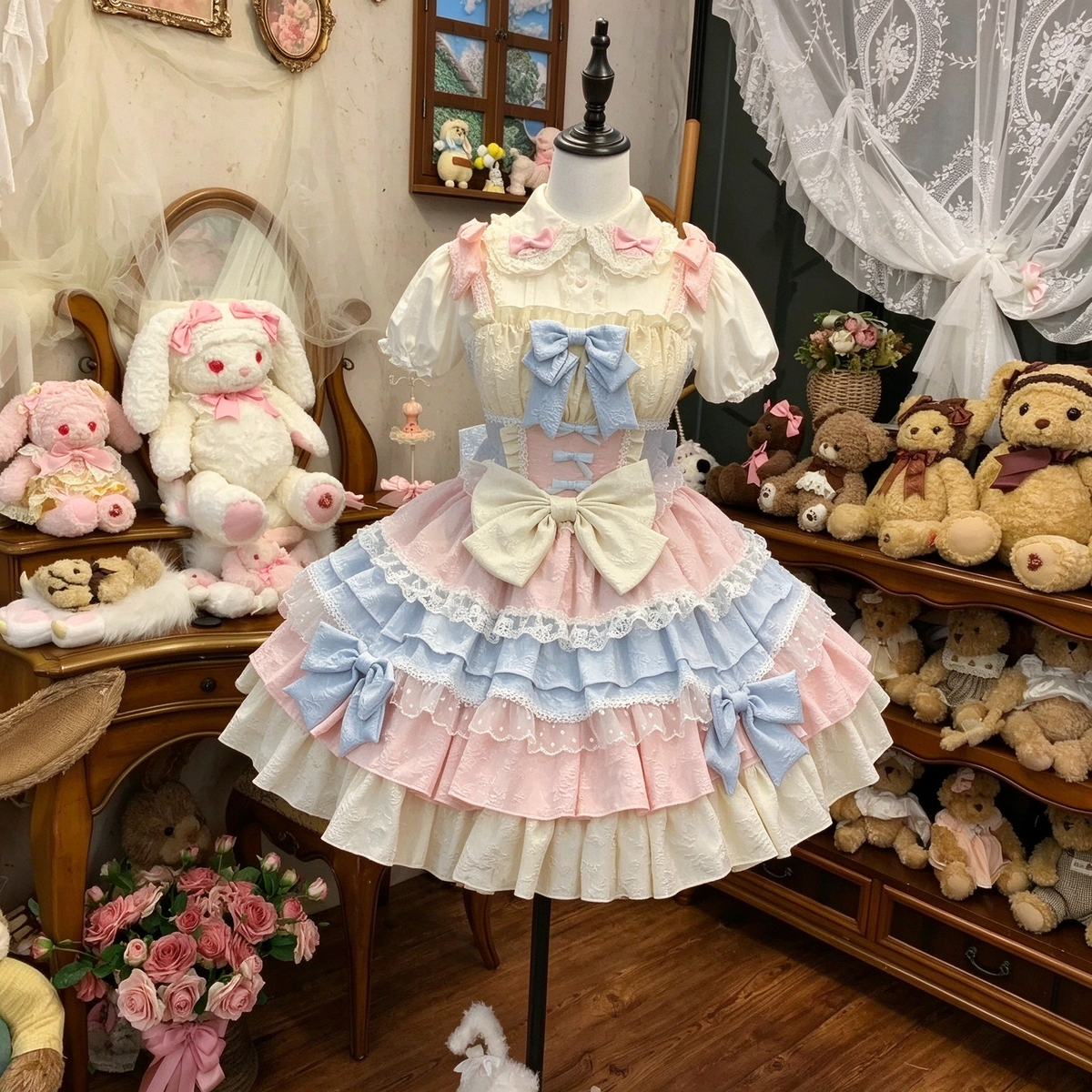 Pastel Pink and Blue Ruffled Lolita Dress with Train Bow Accent