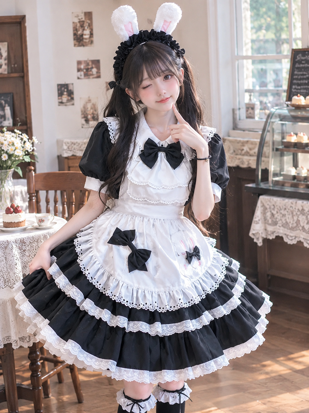 Lolita Style Ruffle Dress with Apron and Bow Accents