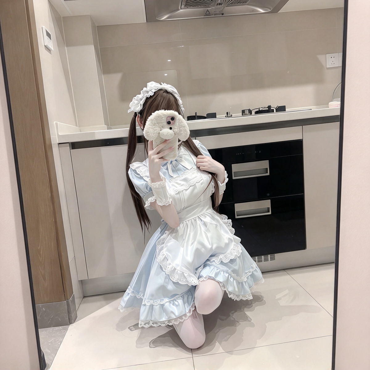 Sweet Maid Lolita Short Sleeve OP Dress Set with Stand Collar Bow Accent and Lace Trim Apron