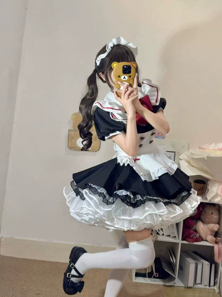 Cute Maid Lolita Dress with Heart Buttons and Bow Charm