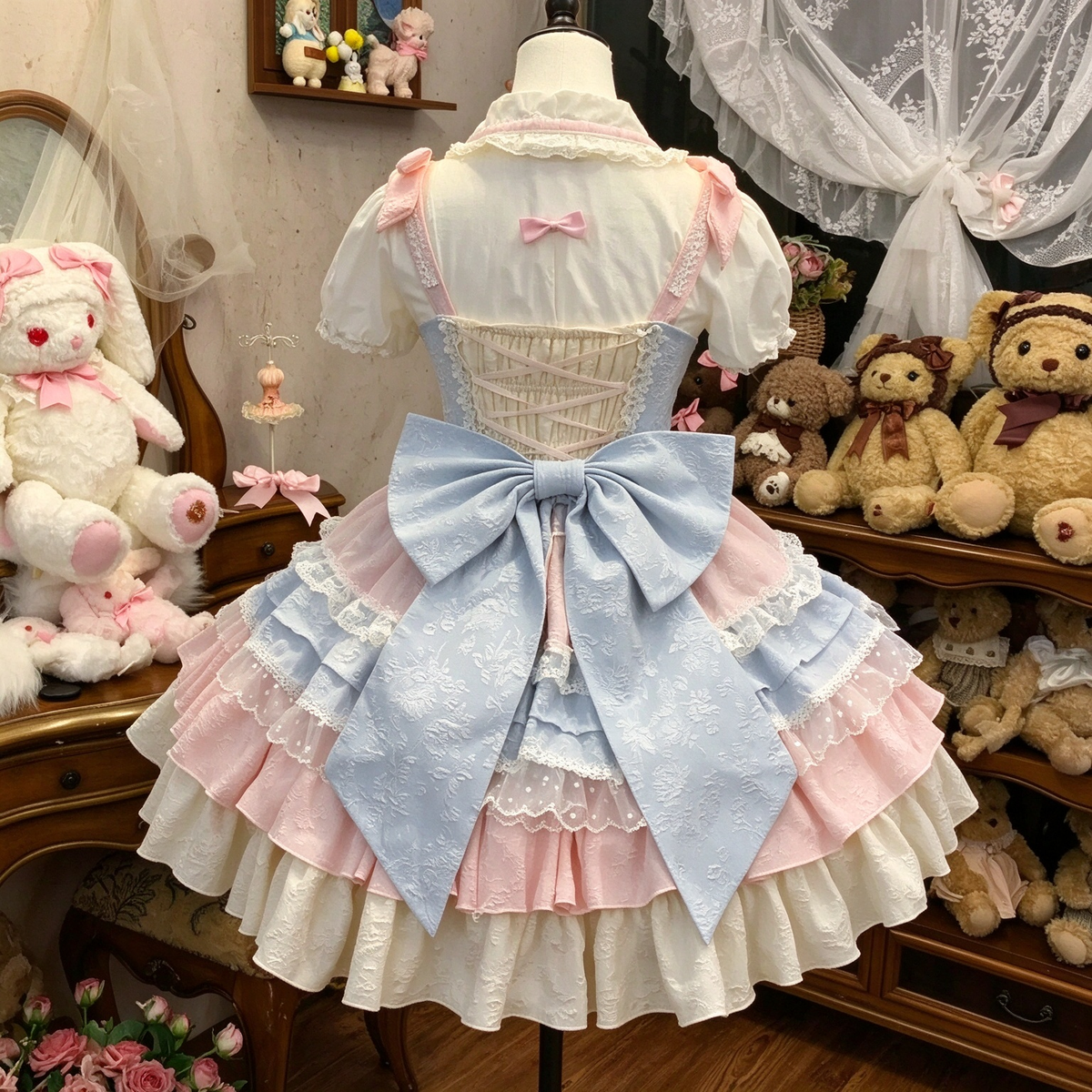 Pastel Pink and Blue Ruffled Lolita Dress with Train Bow Accent