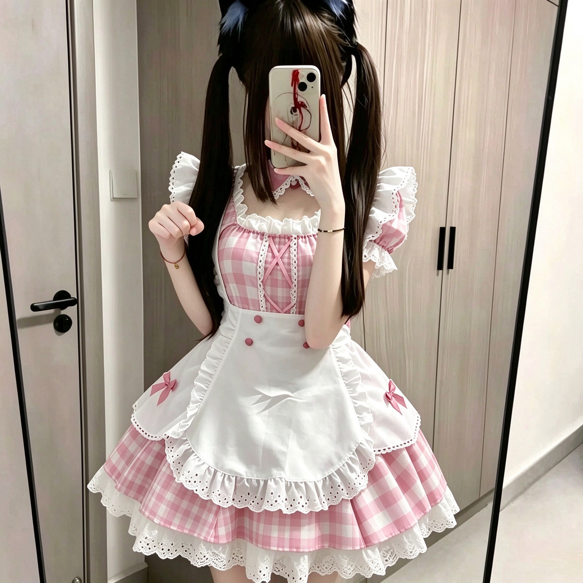 Sweet Maid Lolita Short Sleeve OP Dress Set with Pink Gingham Check Pattern and Eyelet Lace Hem