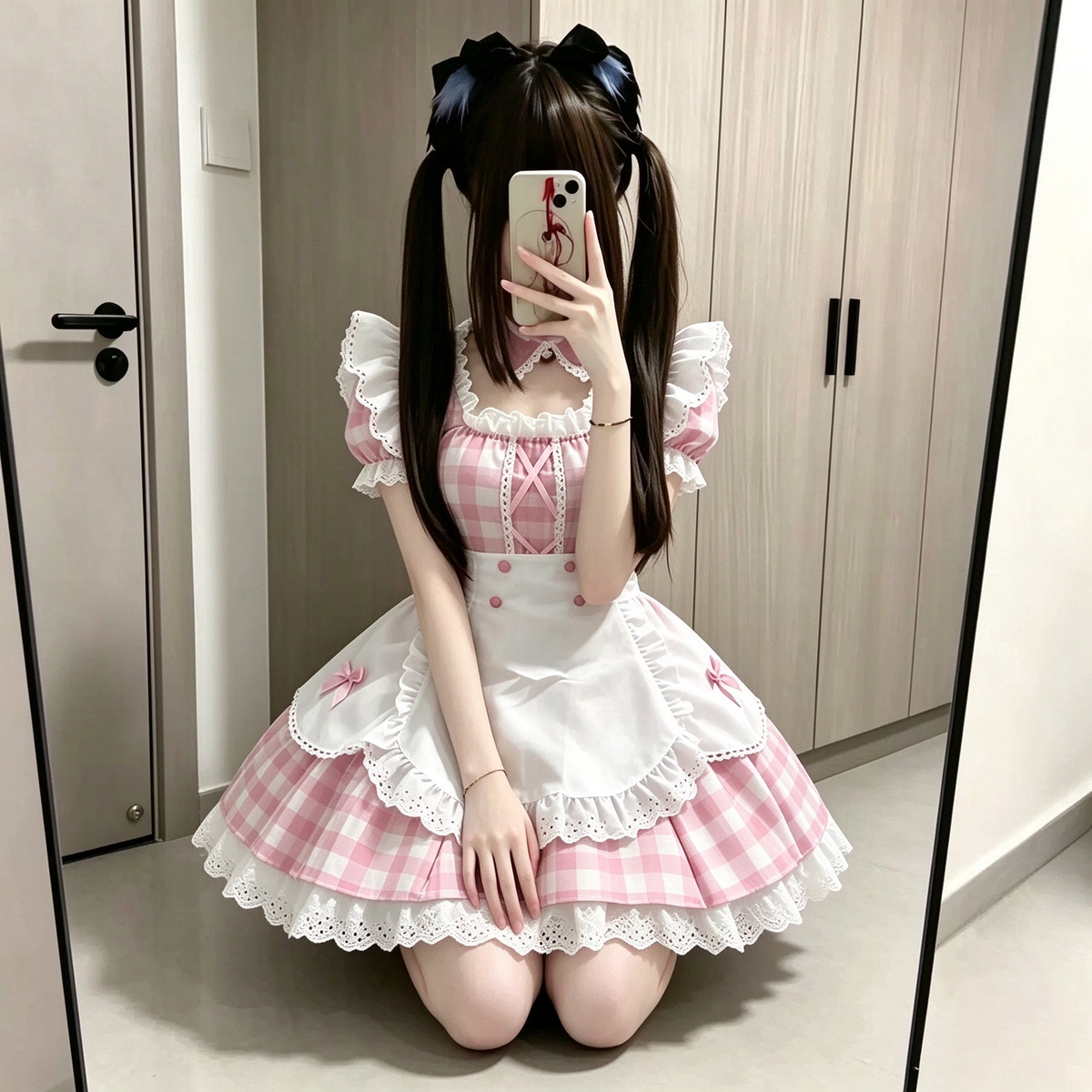 Sweet Maid Lolita Short Sleeve OP Dress Set with Pink Gingham Check Pattern and Eyelet Lace Hem