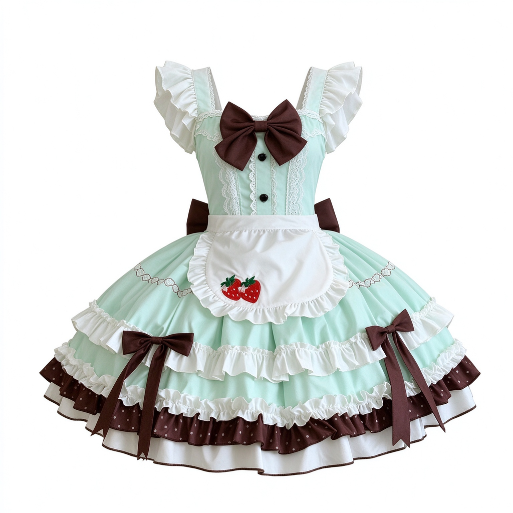Strawberry Apron Ruffled Maid Lolita Dress with Bow Accent
