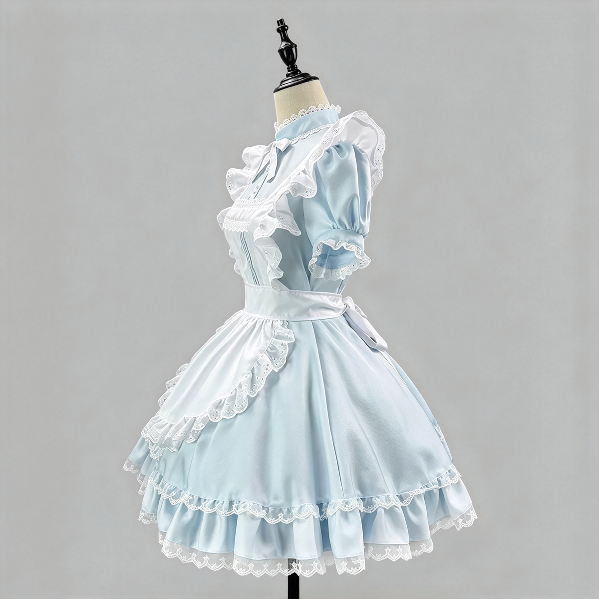 Sweet Maid Lolita Short Sleeve OP Dress Set with Stand Collar Bow Accent and Lace Trim Apron