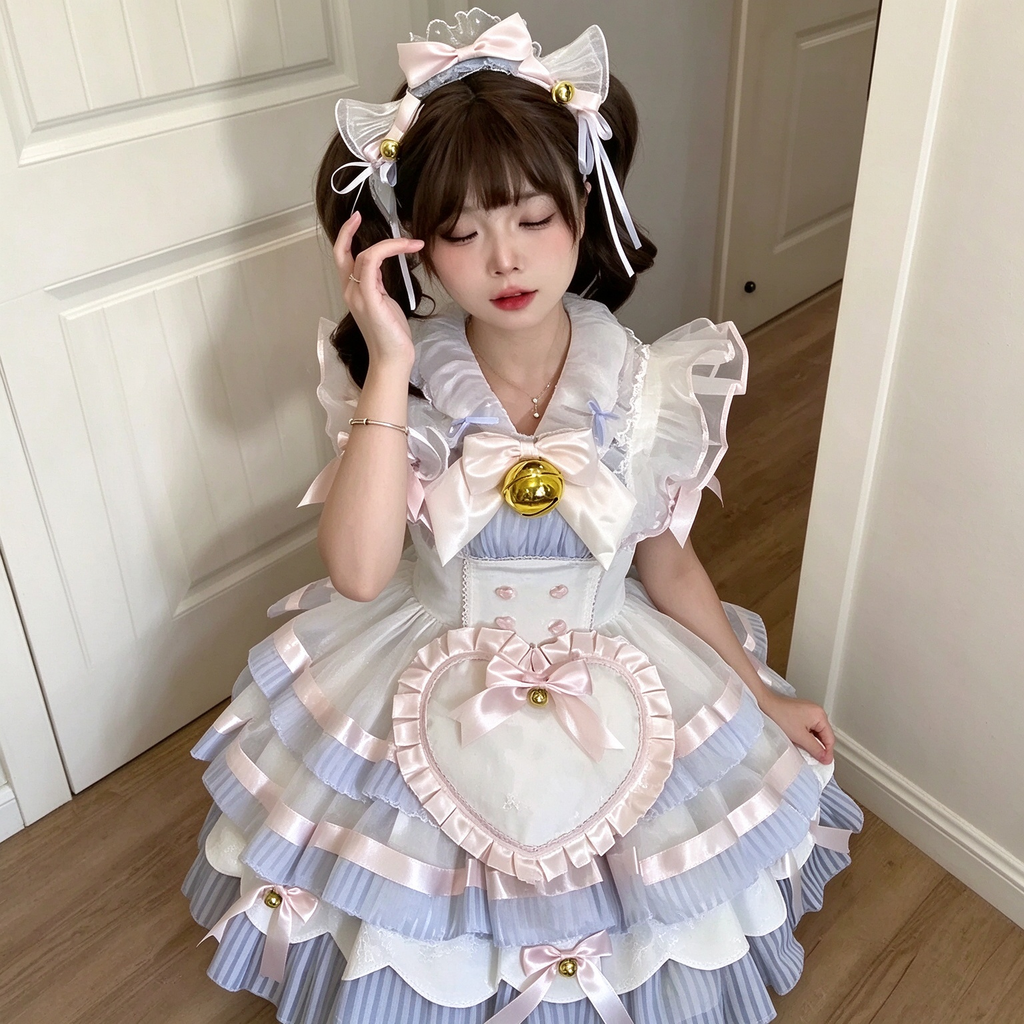 Sweet Maid Lolita Short Sleeve OP Dress Set with Gold Bell Bow Accent and Heart Apron