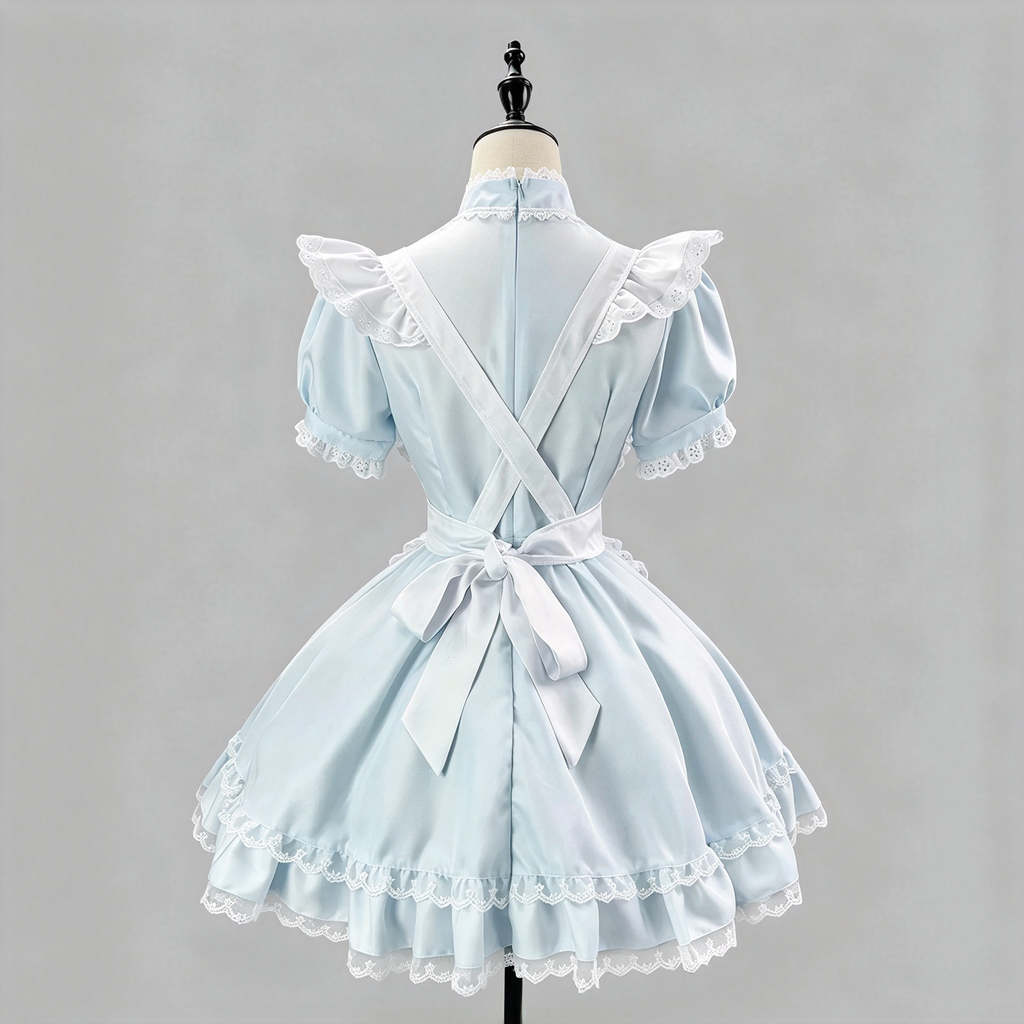 Sweet Maid Lolita Short Sleeve OP Dress Set with Stand Collar Bow Accent and Lace Trim Apron