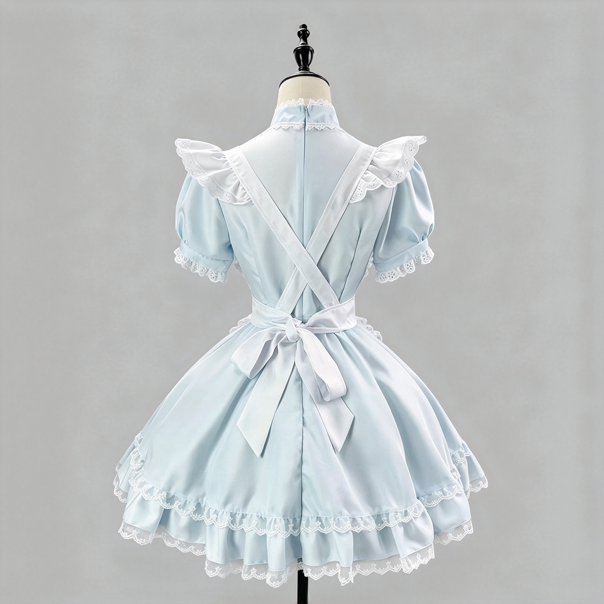 Sweet Maid Lolita Short Sleeve OP Dress Set with Stand Collar Bow Accent and Lace Trim Apron