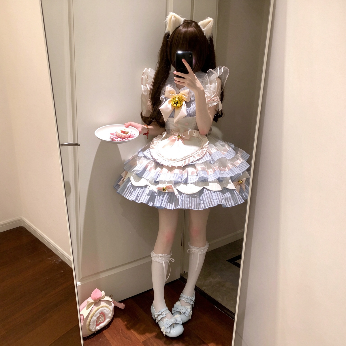 Sweet Maid Lolita Short Sleeve OP Dress Set with Gold Bell Bow Accent and Heart Apron