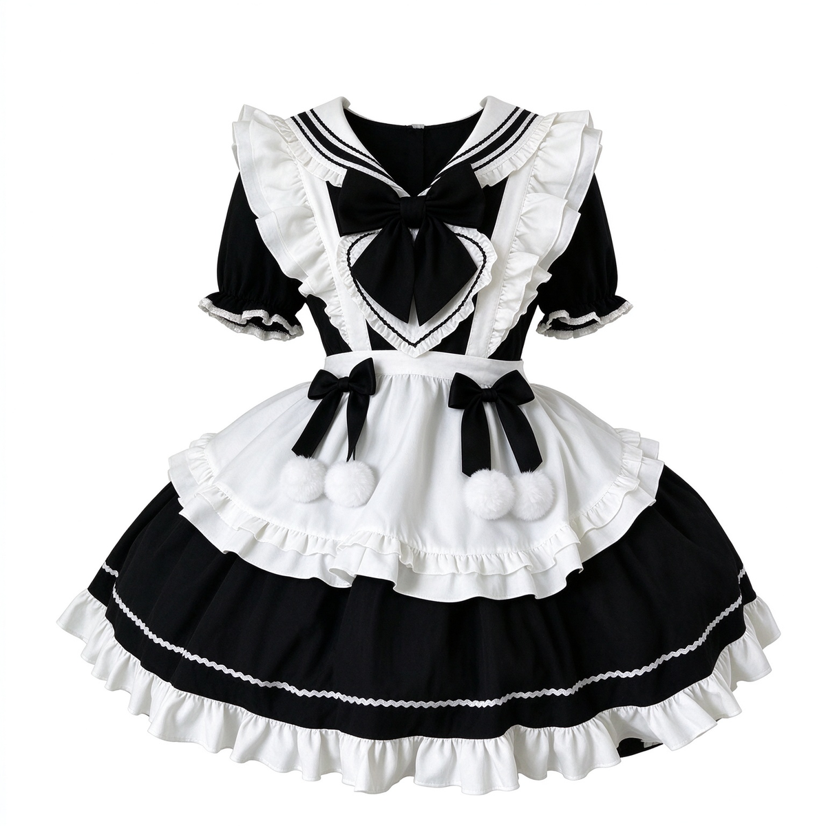 Black and White Sailor Collar Ruffled Maid Lolita Dress with Apron Bow Accent