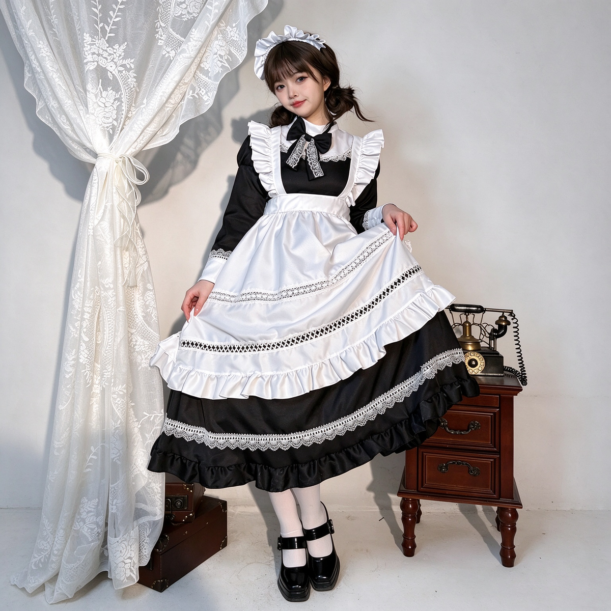 Classic Maid Lolita Long Sleeve OP Dress Set with Ruffled Shoulder Strap Apron