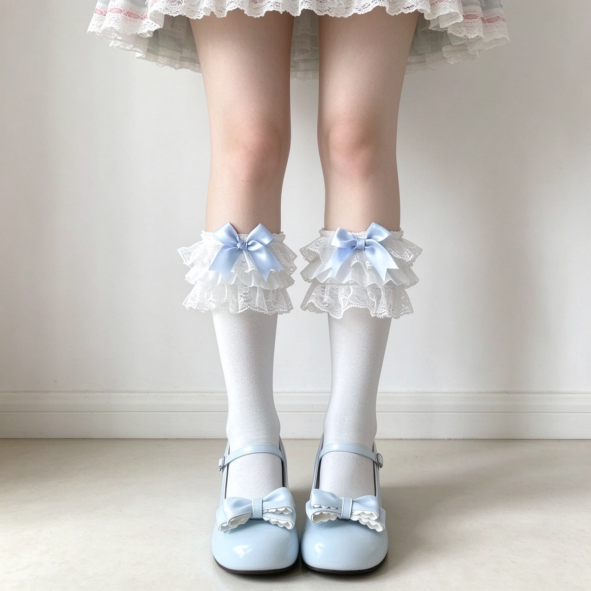 Pink, Light Blue, and White Ruffled Lace Bow Calf High Sweet Lolita Socks