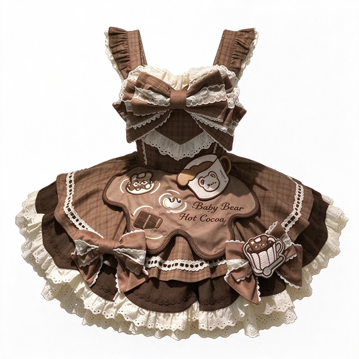 Brown Plaid Bear Print Ruffled Lolita Dress Set with Bow Accent
