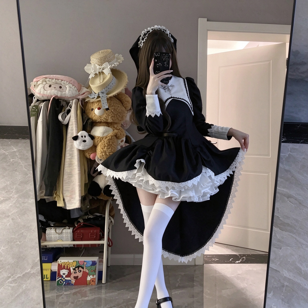 Gothic Nun Lolita Long Sleeve OP Dress with Cross Embroidery and High-Low Hem