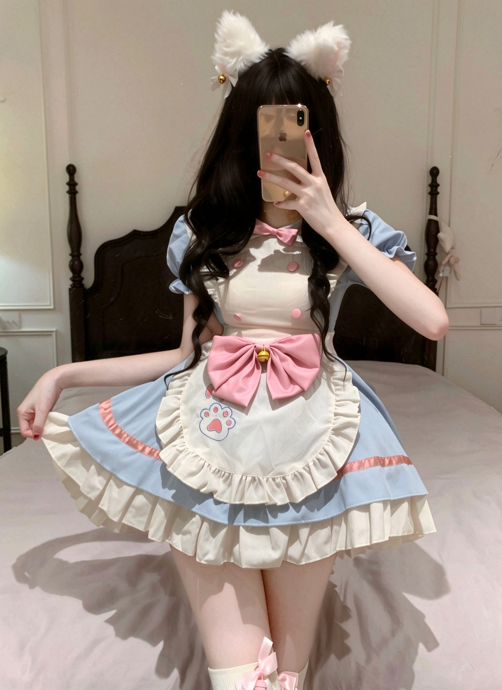Blue and Beige Lace Cat Paw Maid Lolita Jumper Dress with Bow
