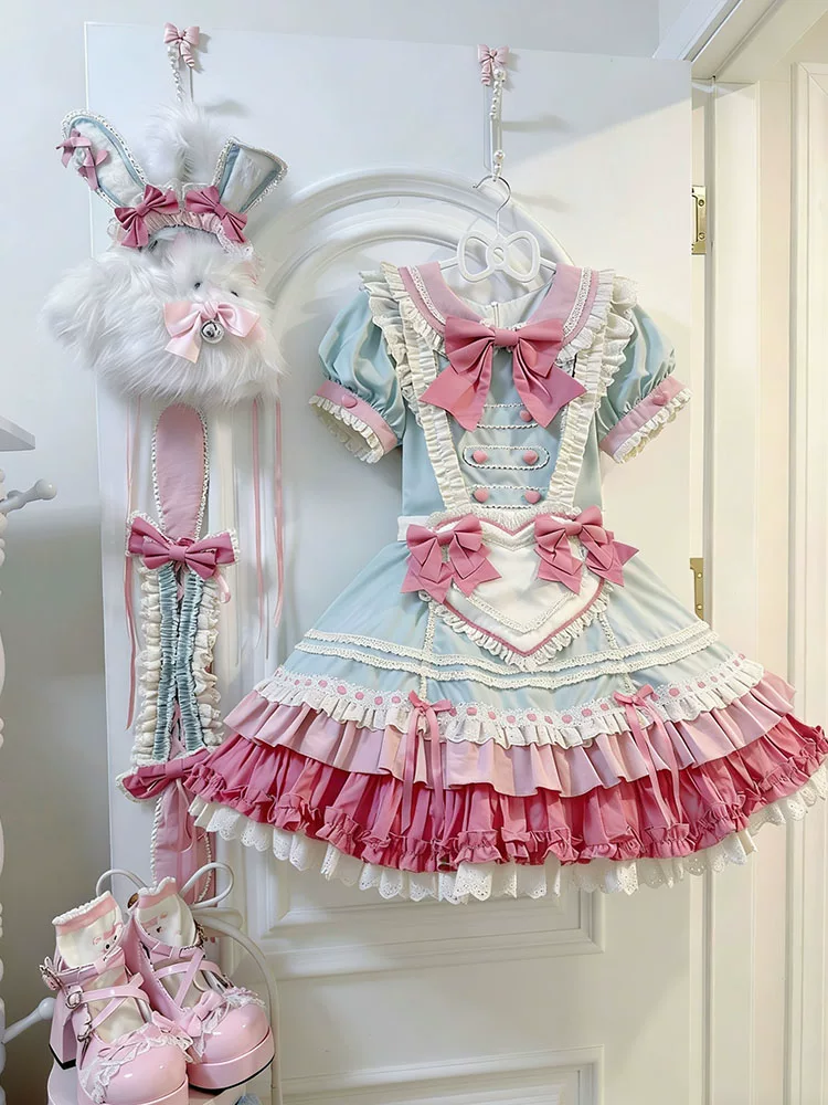 Mint Green and Pink Ruffled Maid Lolita Dress with Apron Bow Accent