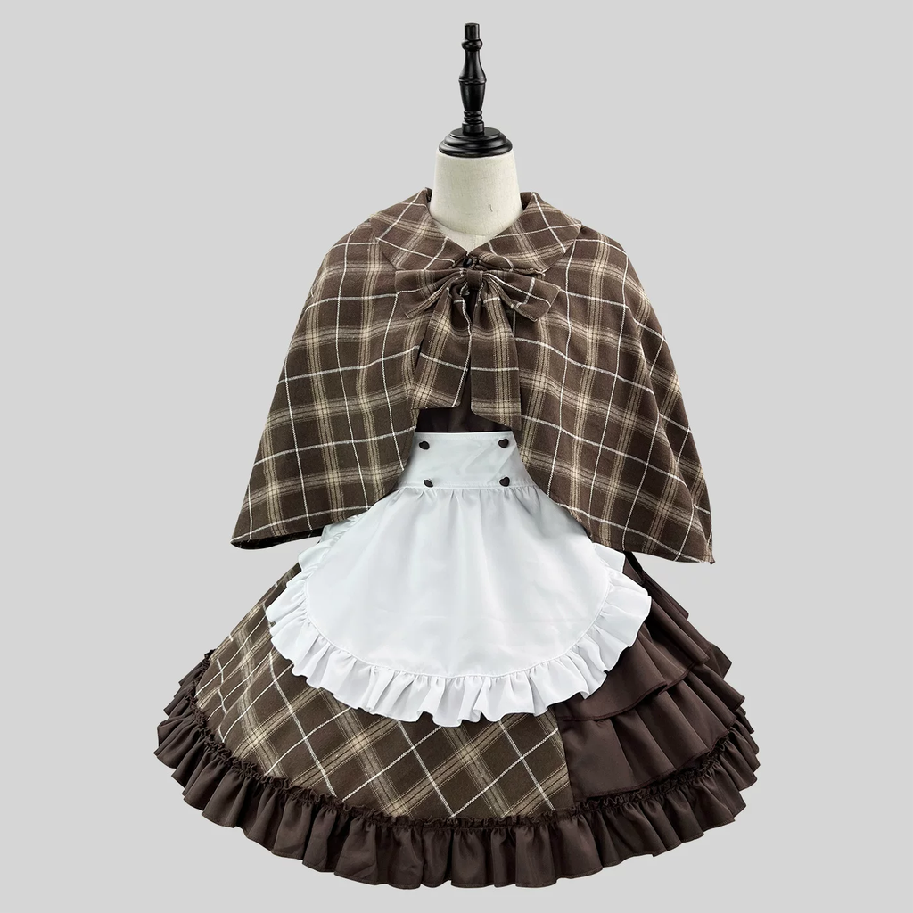 Classic Maid Lolita Short Sleeve OP Dress Set with Plaid Bow Accent and Double-Breasted Apron