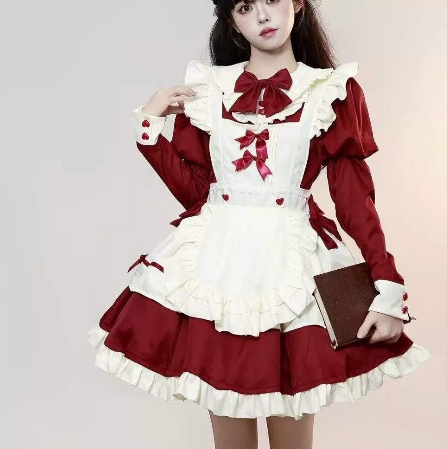 Burgundy and White Lace Gothic Maid Lolita Dress Set with Bell Bows