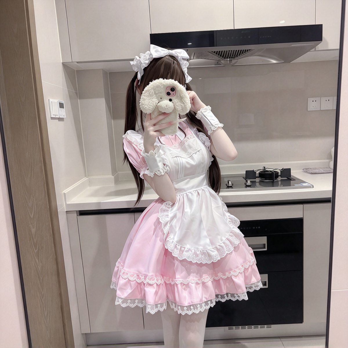 Sweet Maid Lolita Short Sleeve OP Dress Set with Stand Collar Bow Accent and Lace Trim Apron