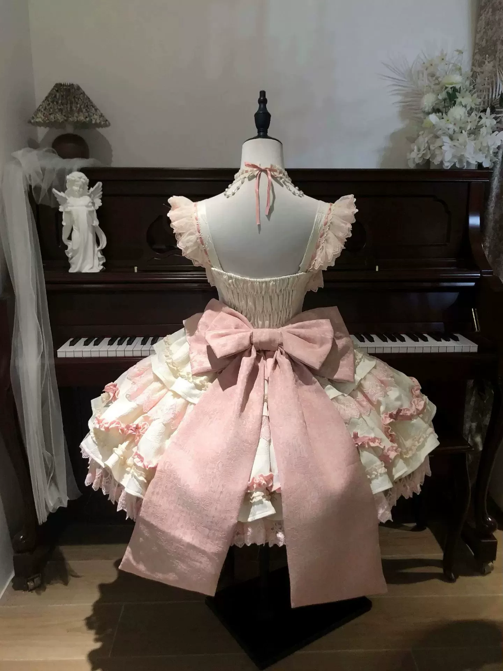 Princess Tea Party Sweet Lolita Dress with Twin Crisscross Laced Bodice and Tiered Skirt