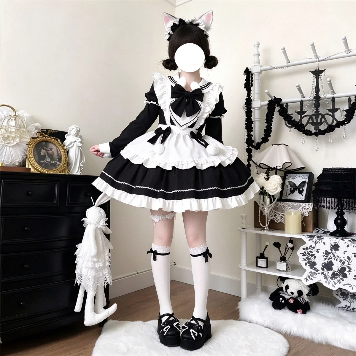 Black and White Sailor Collar Ruffled Maid Lolita Dress with Apron Bow Accent