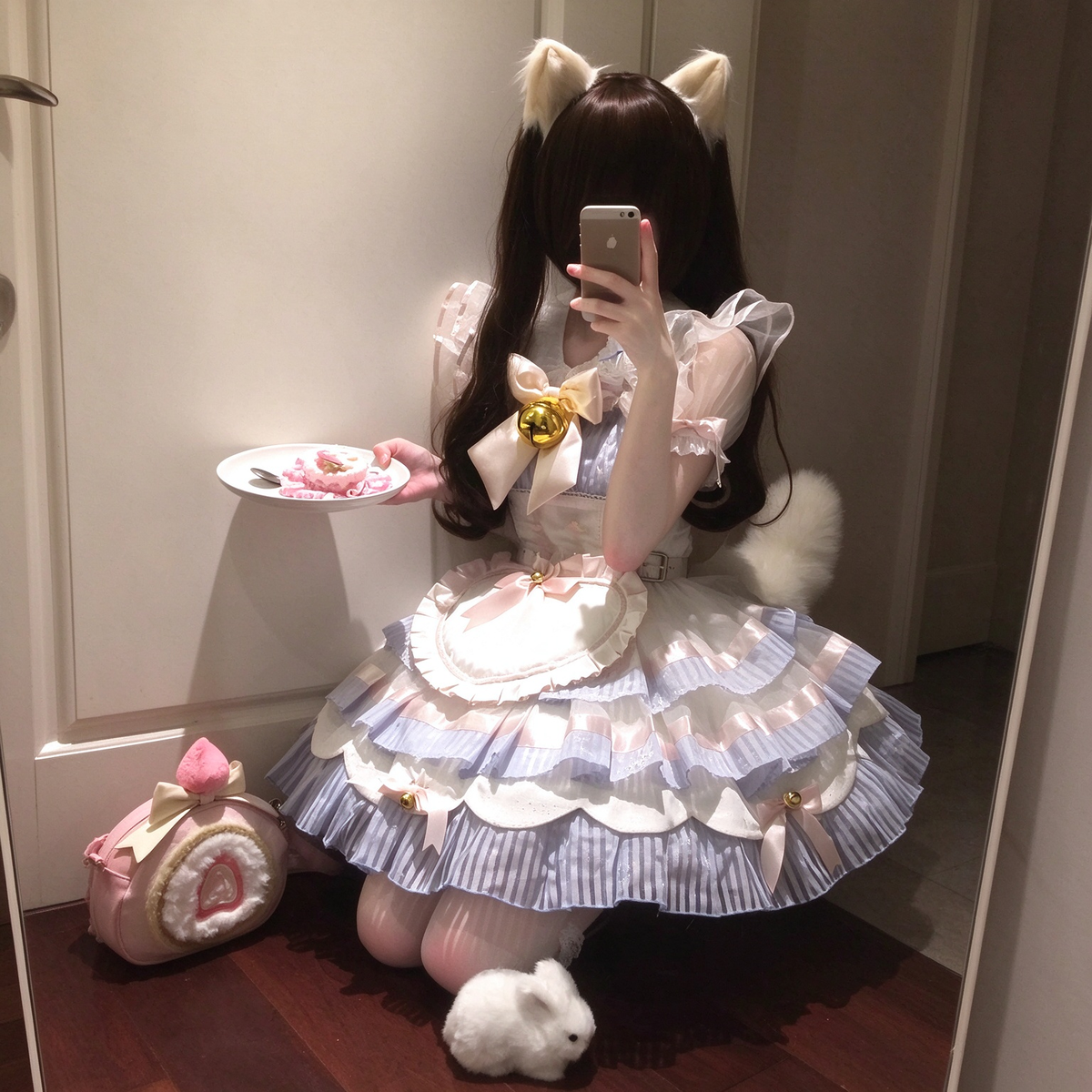 Sweet Maid Lolita Short Sleeve OP Dress Set with Gold Bell Bow Accent and Heart Apron