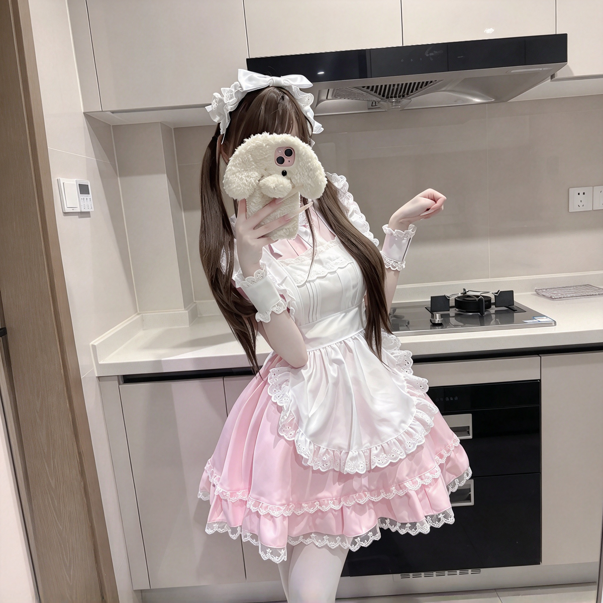 Sweet Maid Lolita Short Sleeve OP Dress Set with Stand Collar Bow Accent and Lace Trim Apron