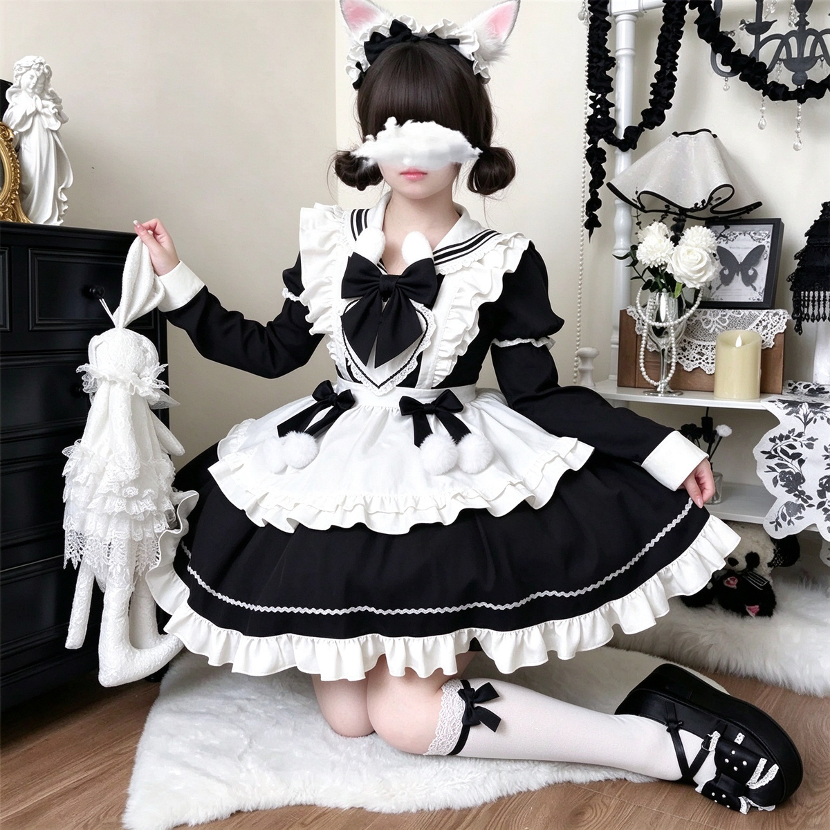 Black and White Sailor Collar Ruffled Maid Lolita Dress with Apron Bow Accent