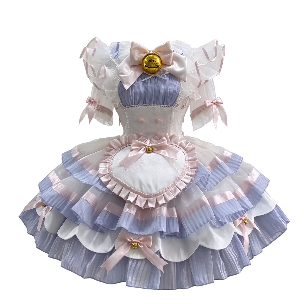 Sweet Maid Lolita Short Sleeve OP Dress Set with Gold Bell Bow Accent and Heart Apron