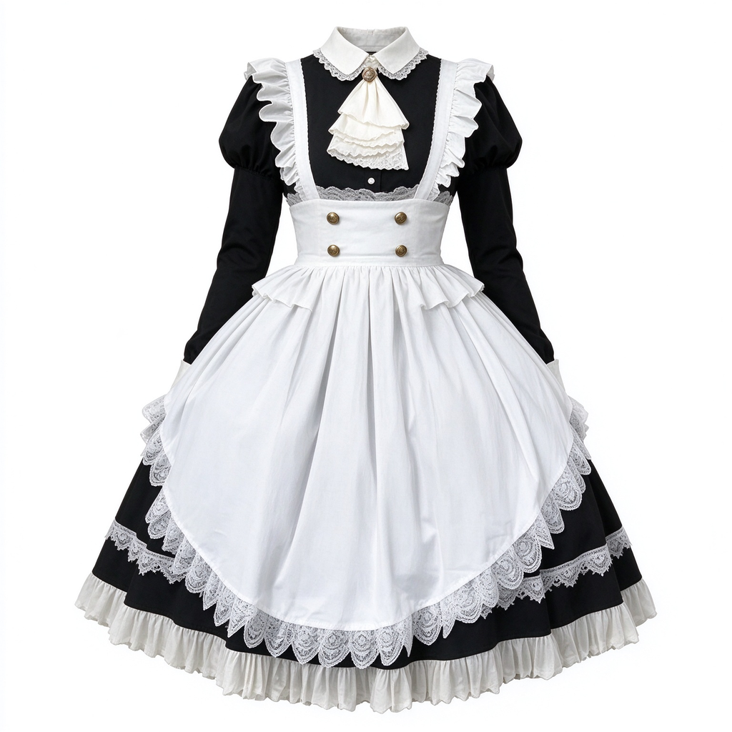 Classic Maid Lolita Long Sleeve OP Dress Set with Ascot Tie Medallion and High Waist Gold Button Apron