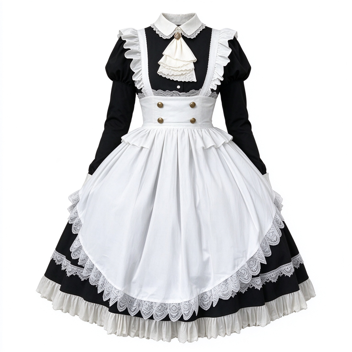Classic Maid Lolita Long Sleeve OP Dress Set with Ascot Tie Medallion and High Waist Gold Button Apron